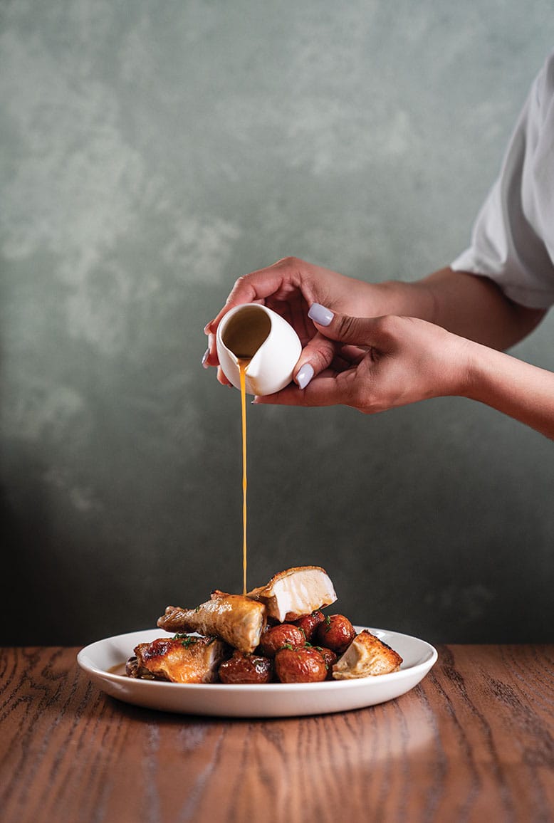 Roasted chicken with smashed confit and baby potatoes at Lula in Ridgewood