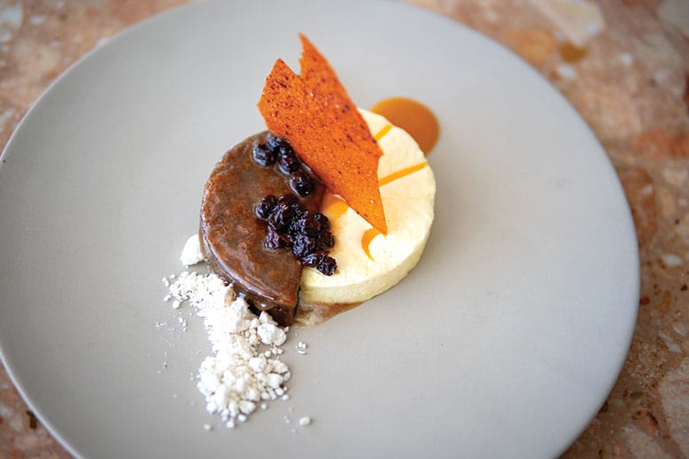 Pudim de caqui—persimmon pudding with buttermilk and mandarin semifredo—at Lita in Aberdeen