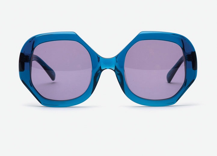 Purple-tinted sunglasses with a blue frame