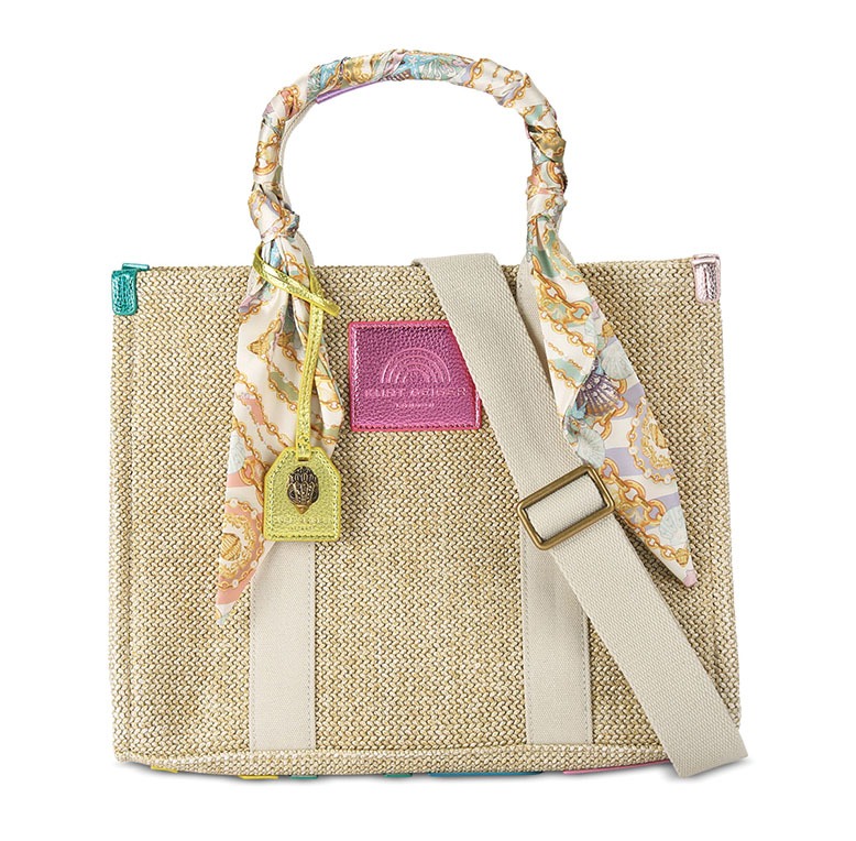 Tan women's tote bag with colorfully patterned handle