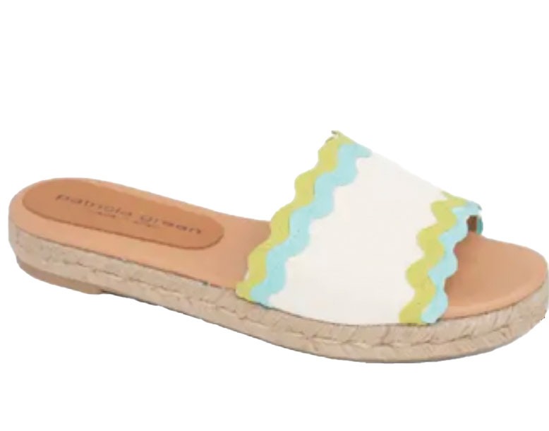 Women's sandals with a blue and green rick-rack design