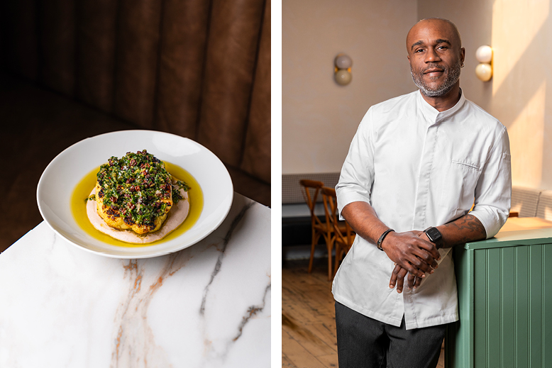 Photo of grilled cauliflower at Viv and Jules in Hoboken, NJ, next to a photo of chef Cliff Crooks