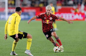 Red Bulls defender and Chatham native John “JMi” Tolkin dribbling against the Columbus Crew.