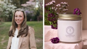Headshot of Nicole Moore, founder of Clara & Fritz in Mullica Hill, next to image of a jar of her tallow-based skin care