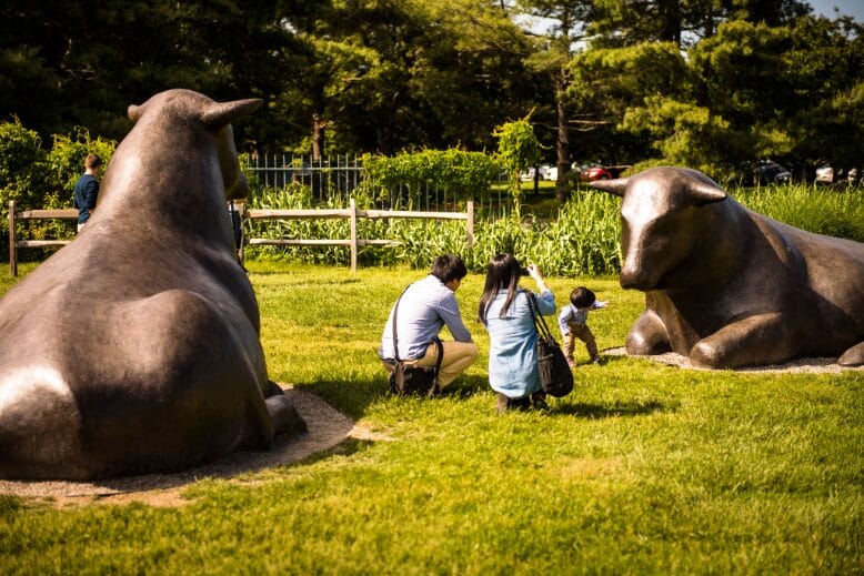 Kids and parents take in sculptures at Grounds for Sculpture in Hamilton, New Jersey