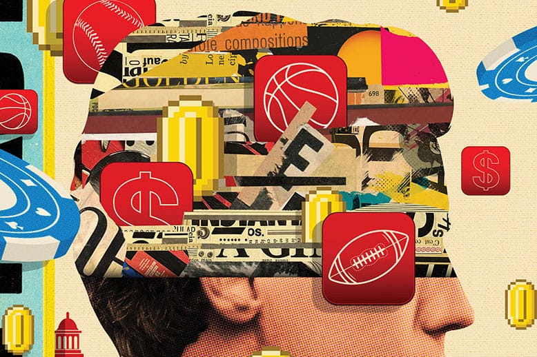 Illustration of young man's brain consumed with thoughts of sports betting
