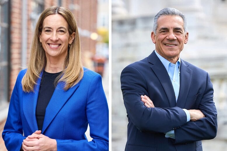 Adjacent portraits of Mikie Sherrill and Jack Ciattarelli