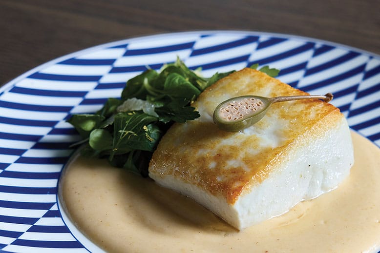 Halibut piccata with preserved Meyer lemon and beurre blanc at Drift in Weehawken, New Jersey