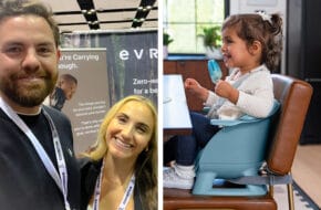 Photo of Evrloop founders Vince Giudice and Marlo Gertz-Giudice, next to photo of toddler on an Evrloop highchair