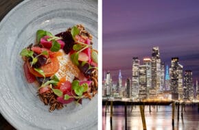 A photo of a dish at Drift in Weehawken, New Jersey, next to a photo of the New York City skyline at night