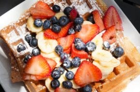 A waffle topped with fruit at The Coffee Shop Luncheonette in Bernardsville, New Jersey