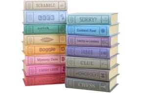 A collection of board games designed to look like books