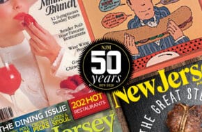 Collage of New Jersey Monthly magazine covers with logo for the magazine's 50th anniversary
