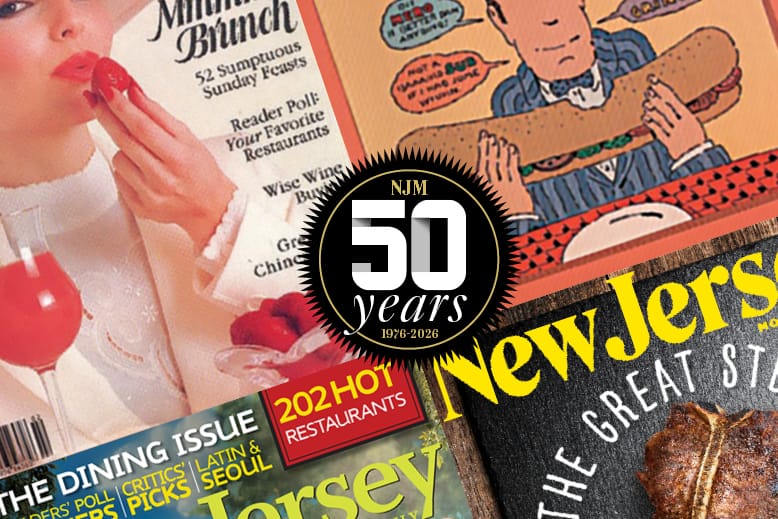 Collage of New Jersey Monthly magazine covers with logo for the magazine's 50th anniversary
