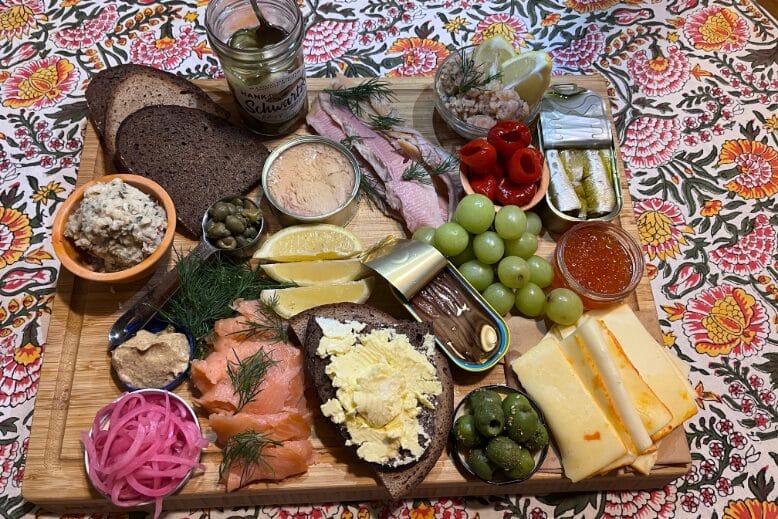 A board with smoked and cured fishes