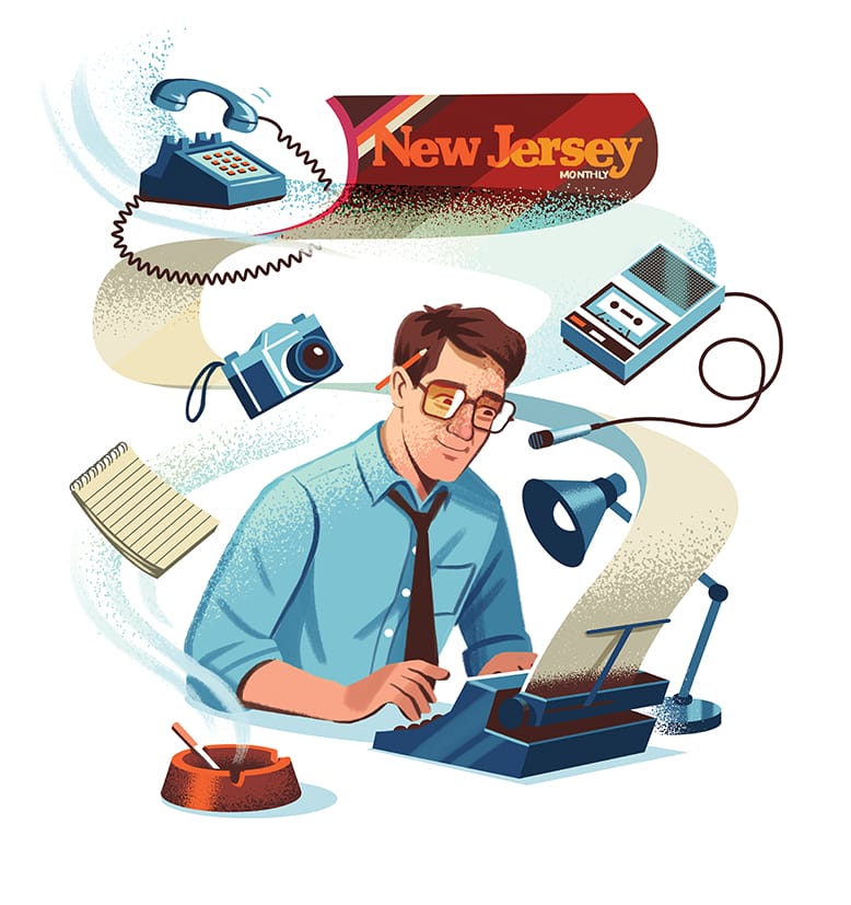Illustration of man at typewriter in a New Jersey Monthly office surrounded by office supplies