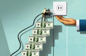 Illustration of a man holding an electric cord climbing up many stacks of money on the way to plugging it in