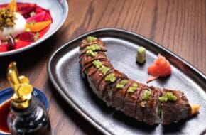 Steak-covered sushi roll at Rare Bird in Ramsey, New Jersey