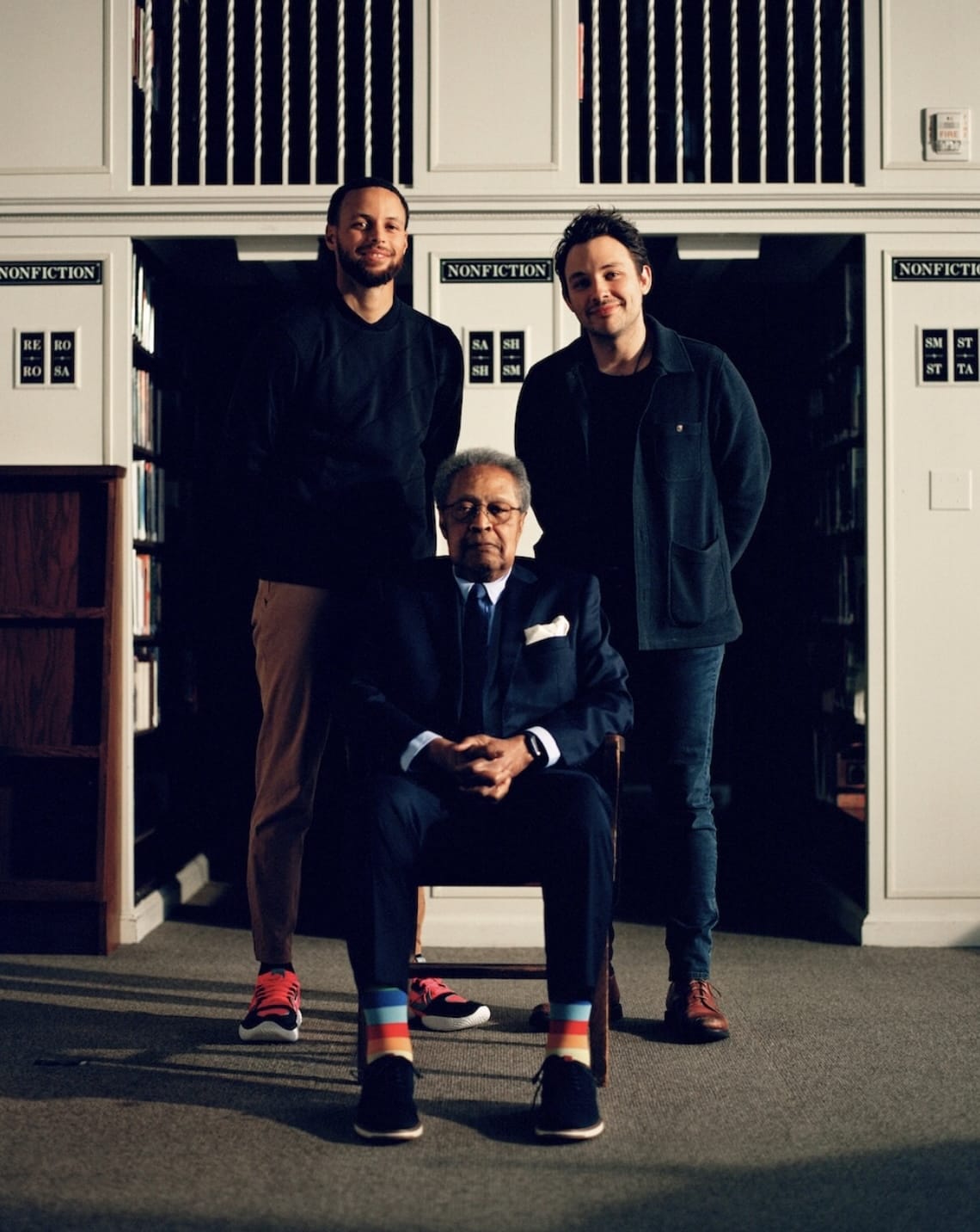 Clarence B. Jones (center) with directors Stephen Curry (left) and Ben Proudfoot on the set of "The Baddest Speechwriter of All"