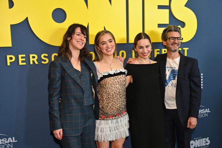 Susanna Fogel, Haley Lu Richardson, Emilia Clarke and David Iserson at the Jan. 14 Ponies premiere in New York. Credit: Bryan Bedder/Peacock