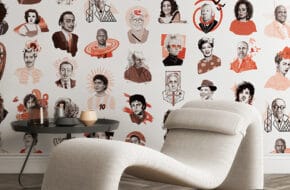 Wallpaper with sketches of celebrities and other notable people
