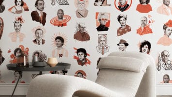 Wallpaper with sketches of celebrities and other notable people