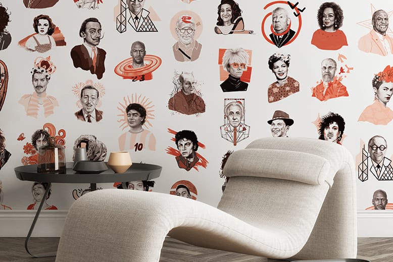 Wallpaper with sketches of celebrities and other notable people
