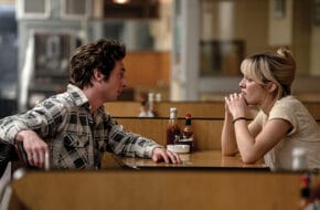 Jeremy Allen White and Odessa Young in a scene in "Deliver Me From Nowhere" filmed at Frank's Deli in Asbury Park, NJ