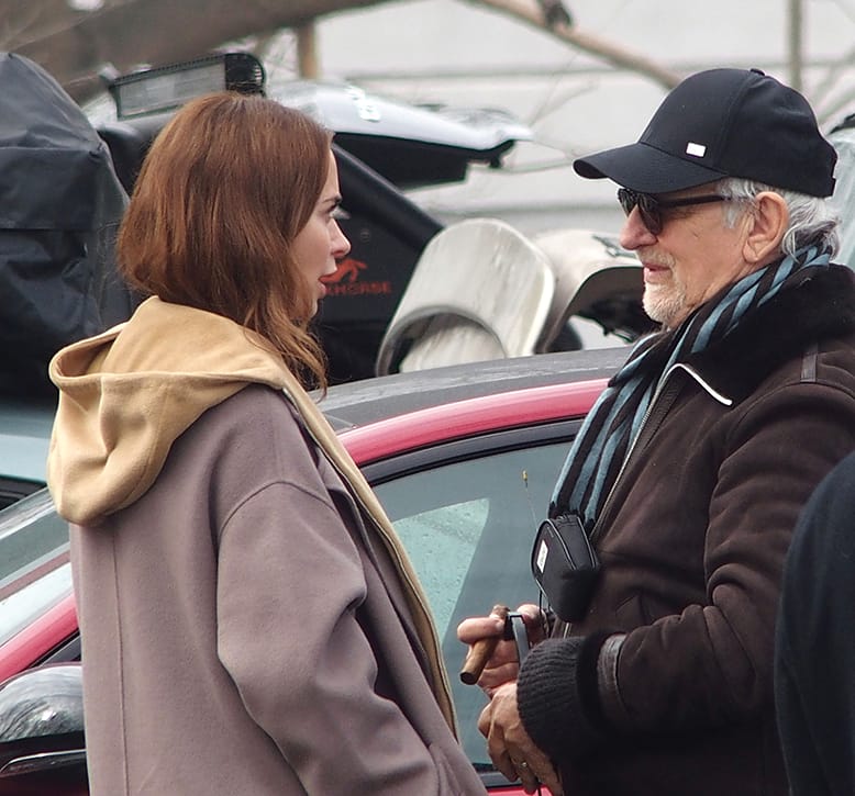 Emily Blunt and Steven Spielberg chat on the Montville set of the upcoming film "Disclosure Day"