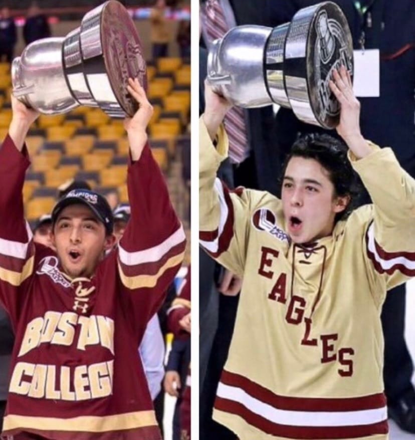 John and Matthew Gaudreau hold up awards in hockey uniforms