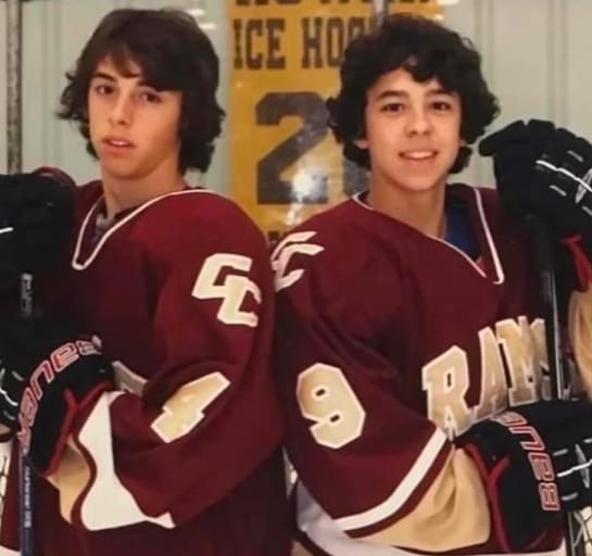 John and Matthew Gaudreau as kids in their hockey uniforms