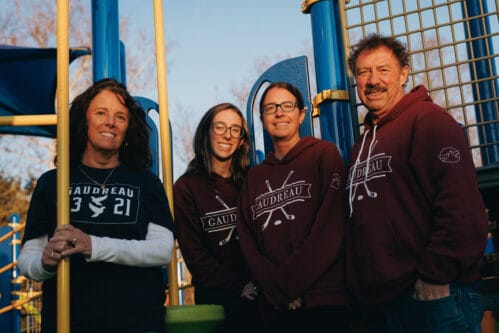 Jane and Guy Gaudreau with daughters Katie and Kristen at the new Gaudreau Brothers’ Wings of Hope and Chrysalis Corner Adaptive Playground at Archbishop Damiano School in Westville, NJ, built in honor of their late sons and brothers Johnny and Matthew