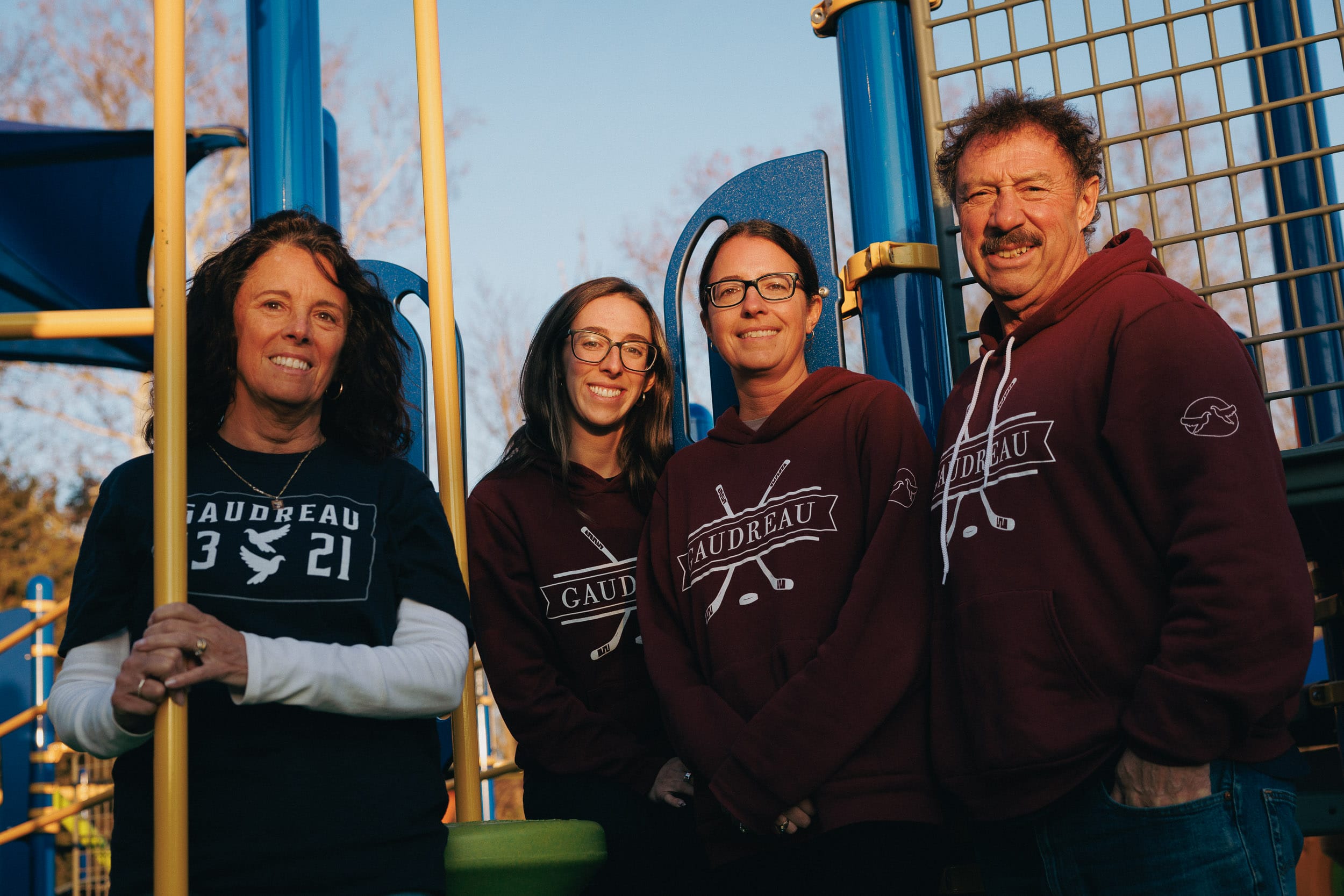 Jane and Guy Gaudreau with daughters Katie and Kristen at the new Gaudreau Brothers’ Wings of Hope and Chrysalis Corner Adaptive Playground at Archbishop Damiano School in Westville, NJ, built in honor of their late sons and brothers Johnny and Matthew