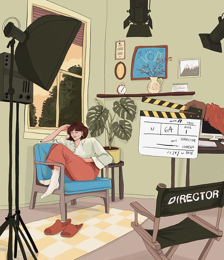 Illustration of movie set depicting a woman sitting in a therapist office