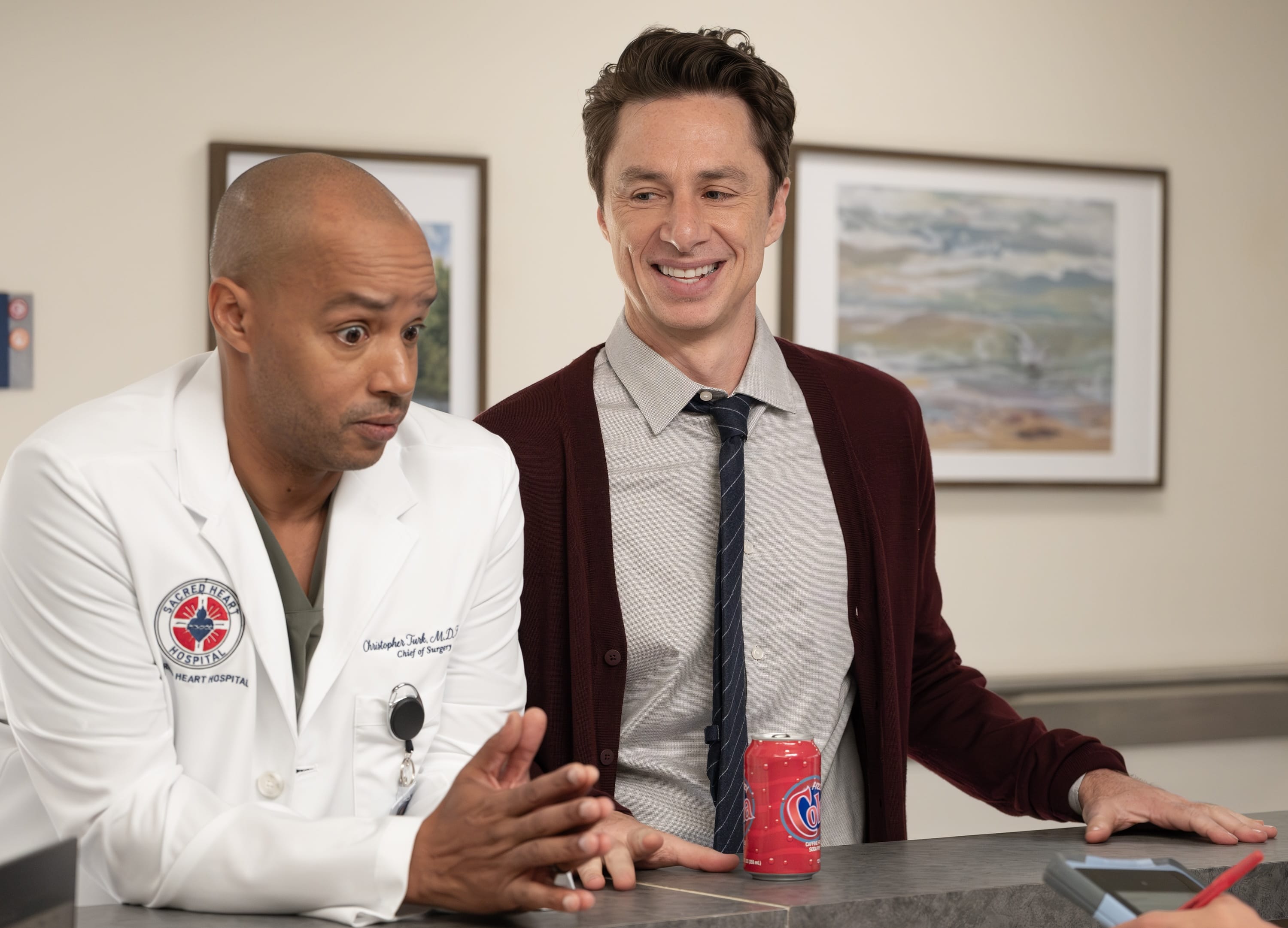 Zach Braff and Donald Faison appear in the premiere of the "Scrubs" revival.