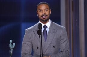 Michael B. Jordan accepts an award at the SAG Actor Awards.