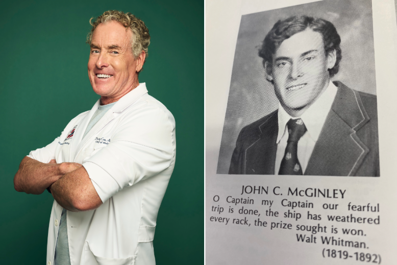 John C. McGinley promoting the "Scrubs" revival (left) and in his Millburn High School yearbook