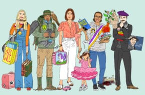 Illustrations of six personas including a parent with her ballerina child, an outdoor explorer wearing a backpack and a bargain shopper carrying bags
