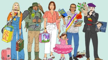 Illustrations of six personas including a parent with her ballerina child, an outdoor explorer wearing a backpack and a bargain shopper carrying bags