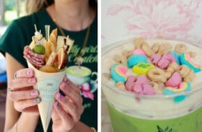 Split photos showing a charcuterie concoction