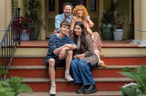 Nick Kroll as Brian, Natasha Lyonne as Hannah, Aidan Langford as Alex and Sadie Sandler as Devon on the set of "Roommates" in Montclair, NJ