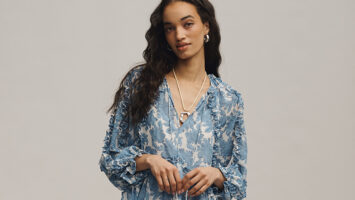 Woman in blue floral dress