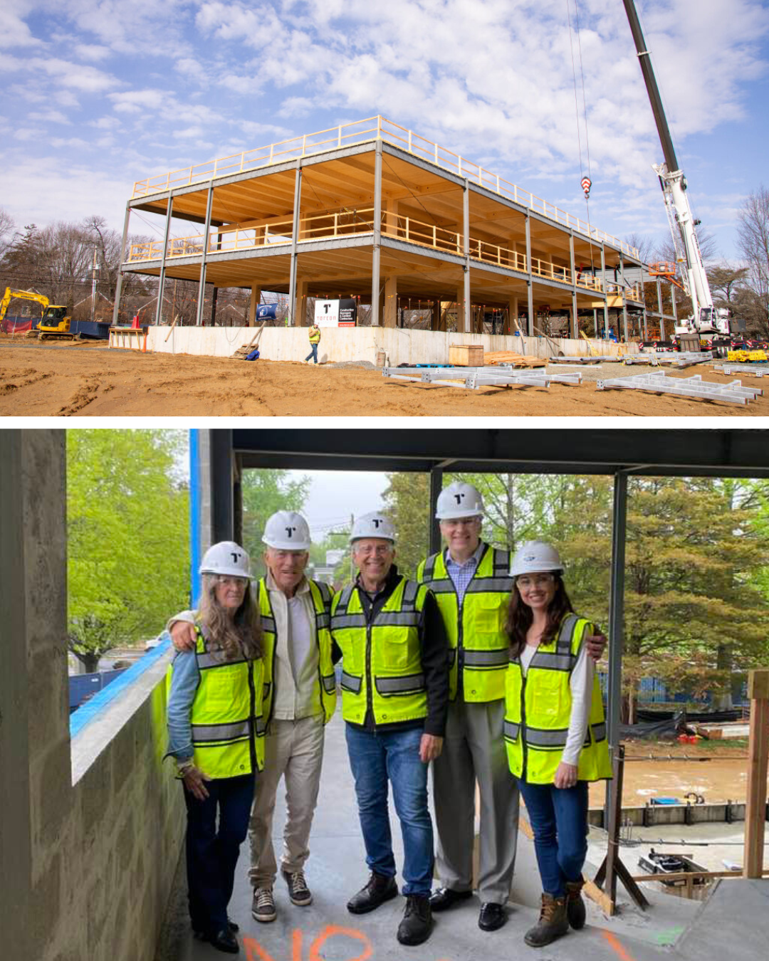 Shot of Bruce Springsteen Center for American Music under construction, above a shot of director Eileen Chapman, Springsteen, executive director Bob Santelli, Monmouth president Patrick Leahy and curatorial affairs director Melissa Ziobro on a hard-hat tour of the site. Photo: Courtesy of the BSCAM