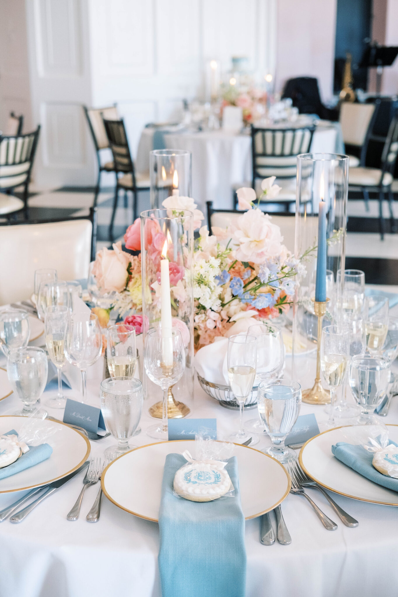 Tablescape with spring-colored florals and candles at Congress Hall in Cape May, NJ