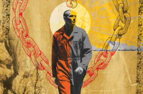 Illustration of inmate walking amid heart-shaped chain