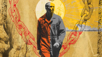 Illustration of inmate walking amid heart-shaped chain