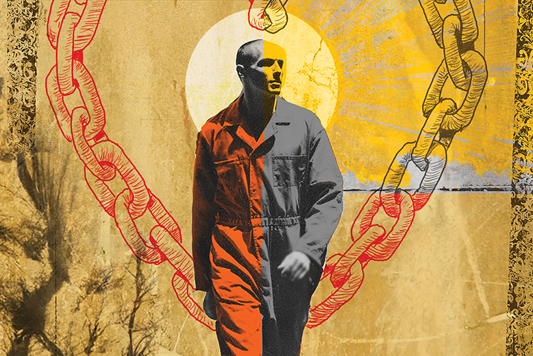 Illustration of inmate walking amid heart-shaped chain