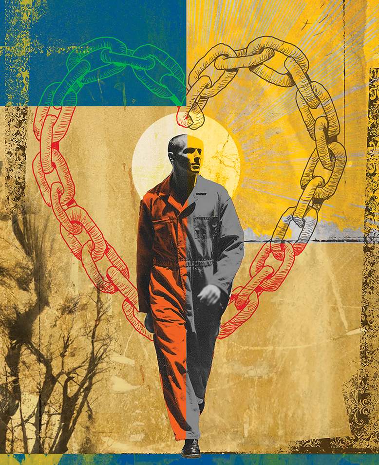Illustration of inmate walking amid heart-shaped chain