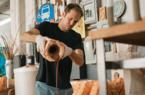 Jono Pandolfi, whose tableware appears on Hulu's "The Bear," works on a piece at his studio in Union City, NJ