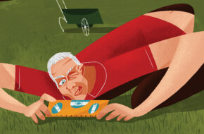 Illustration of man crouched to ground assessing his grass with a level